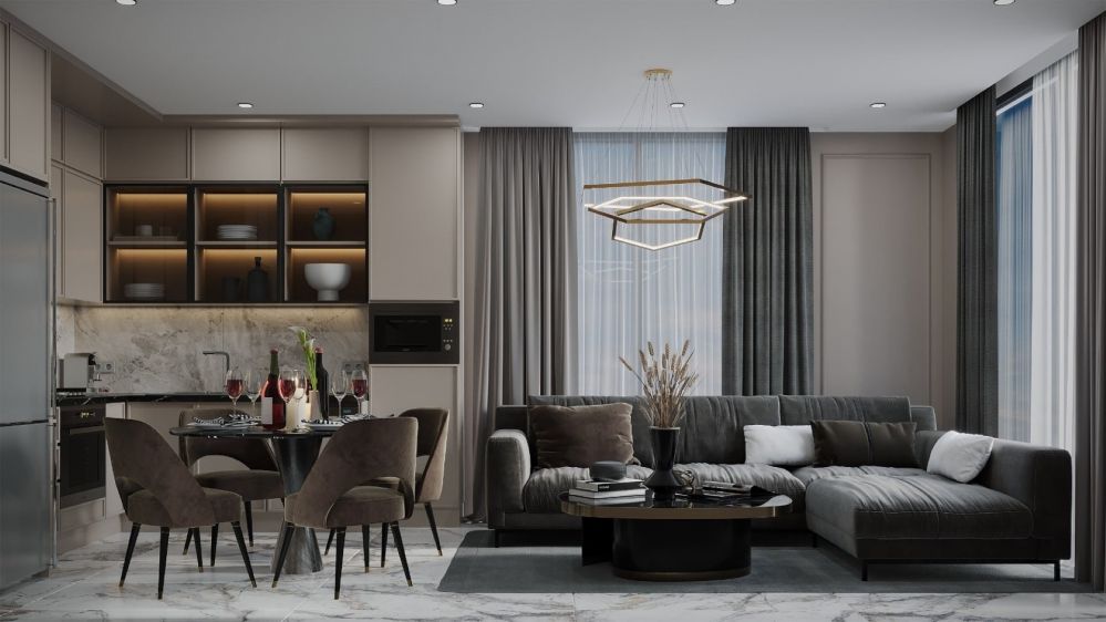 Открытая гостиная зона с панорамным остеклением и естественным освещением.Современная жизнь в Оба, Аланья — апартаменты 1+1, 2+1, 3+1 и 4+1