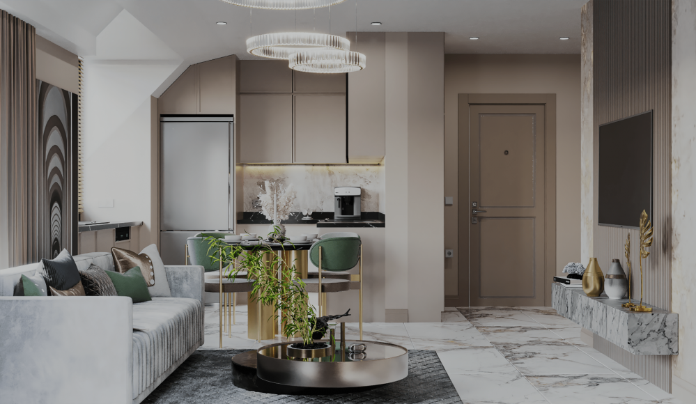 Современная кухня с элементами роскошного интерьера и бытовой техникой Bosch.Современная жизнь в Оба, Аланья — апартаменты 1+1, 2+1, 3+1 и 4+1