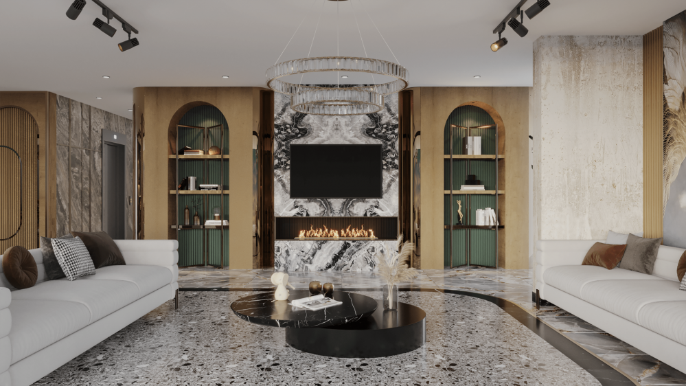 Гостиная с камином — уютная атмосфера и современный дизайн.Современная жизнь в Оба, Аланья — апартаменты 1+1, 2+1, 3+1 и 4+1