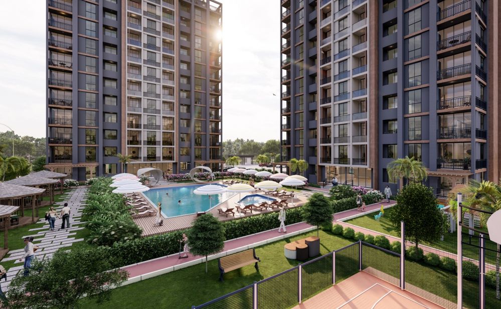 Outdoor pool and social areas of Mezitli residential projectUltra Luxury 2+1 Residence in Mezitli Mersin