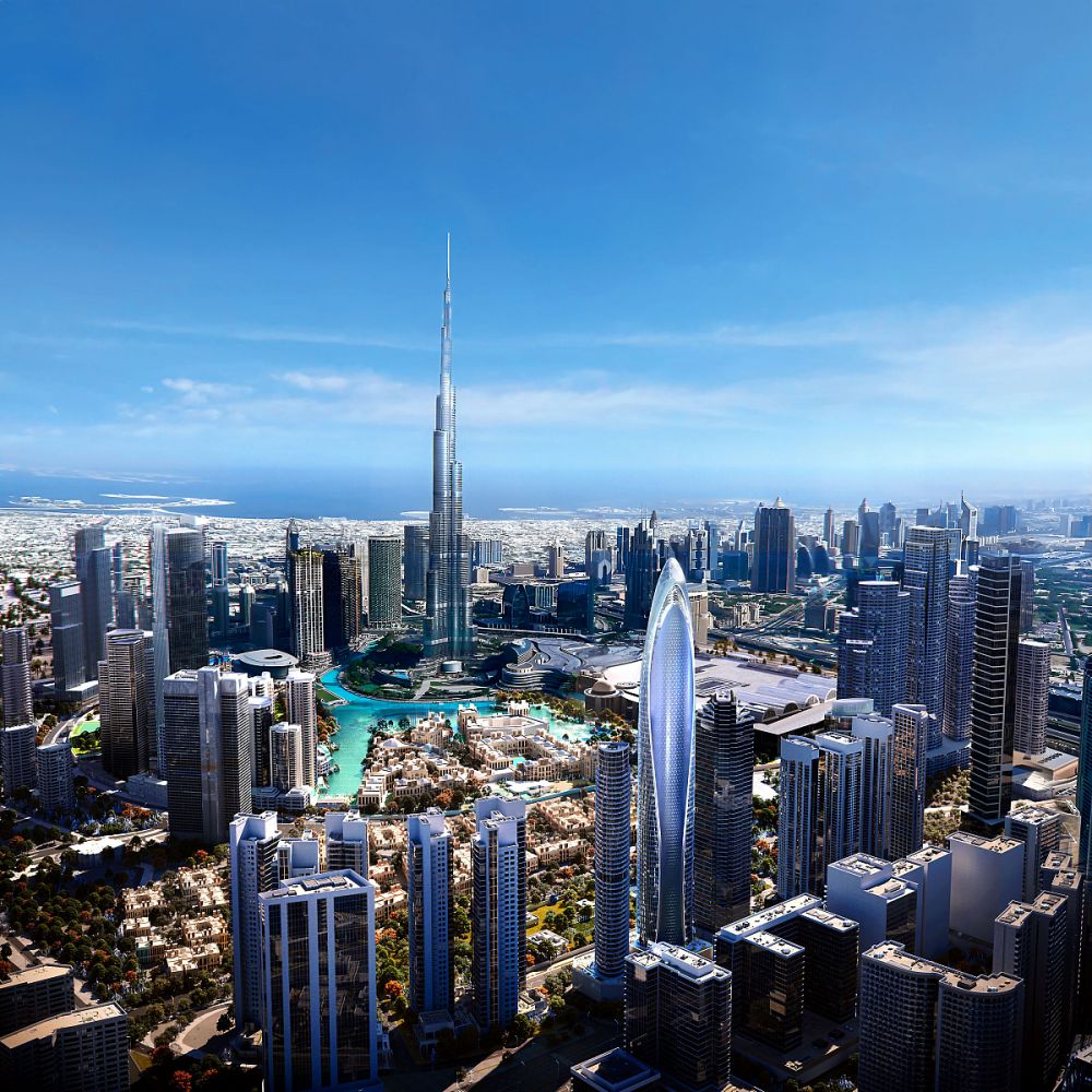 Burj Khalifa manzarasıyla öne çıkan Downtown Dubai silüeti ve Mercedes-Benz Tower’ın seçkin konumu.Downtown Dubai’de Burj Khalifa Manzaralı Mercedes-Benz Markalı Lüks Daireler