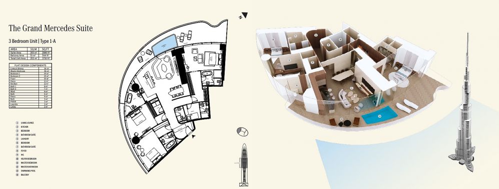 Mercedes-Benz Tower dairelerinin işlevsel kullanım alanlarını ve modern yaşam standartlarını gösteren detaylı plan çizimi.Downtown Dubai’de Burj Khalifa Manzaralı Mercedes-Benz Markalı Lüks Daireler