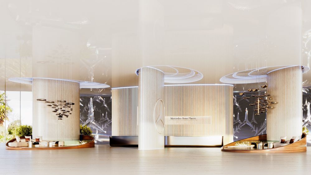 Projeye özgü zarif tasarım çizgilerini sergileyen şık resepsiyon ve lounge alanı.Downtown Dubai’de Burj Khalifa Manzaralı Mercedes-Benz Markalı Lüks Daireler