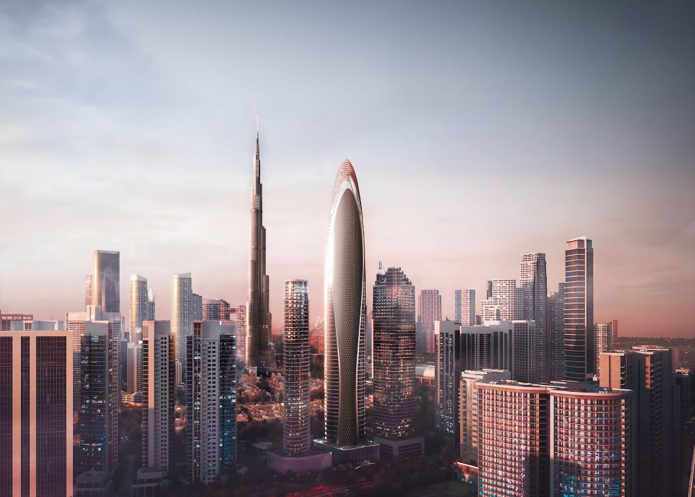 Downtown Dubai’nin panoramik şehir manzarasını ve Mercedes-Benz Tower’ın modern mimarisini gösteren lüks yaşam konseptli görüntü.Downtown Dubai’de Burj Khalifa Manzaralı Mercedes-Benz Markalı Lüks Daireler