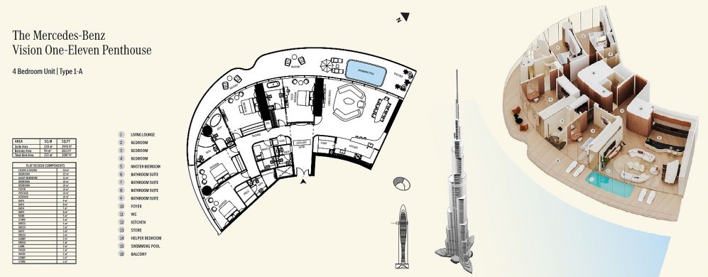 Mercedes-Benz Tower’ın lüks rezidanslarına ait detaylı mimari plan; akıllı alan dağılımı ve modern tasarım odaklı.Downtown Dubai’de Burj Khalifa Manzaralı Mercedes-Benz Markalı Lüks Daireler