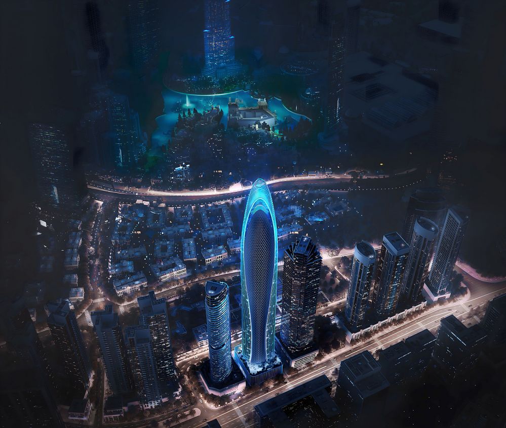 Gece ışıklarıyla parlayan Downtown Dubai ve mavi tonlarda aydınlatılmış Mercedes-Benz Tower’ın çarpıcı görüntüsü.Downtown Dubai’de Burj Khalifa Manzaralı Mercedes-Benz Markalı Lüks Daireler