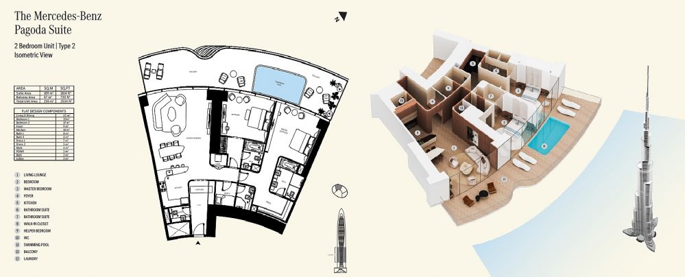 Mercedes-Benz Tower dairelerinin işlevsel kullanım alanlarını ve modern yaşam standartlarını gösteren detaylı plan çizimi.Downtown Dubai’de Burj Khalifa Manzaralı Mercedes-Benz Markalı Lüks Daireler