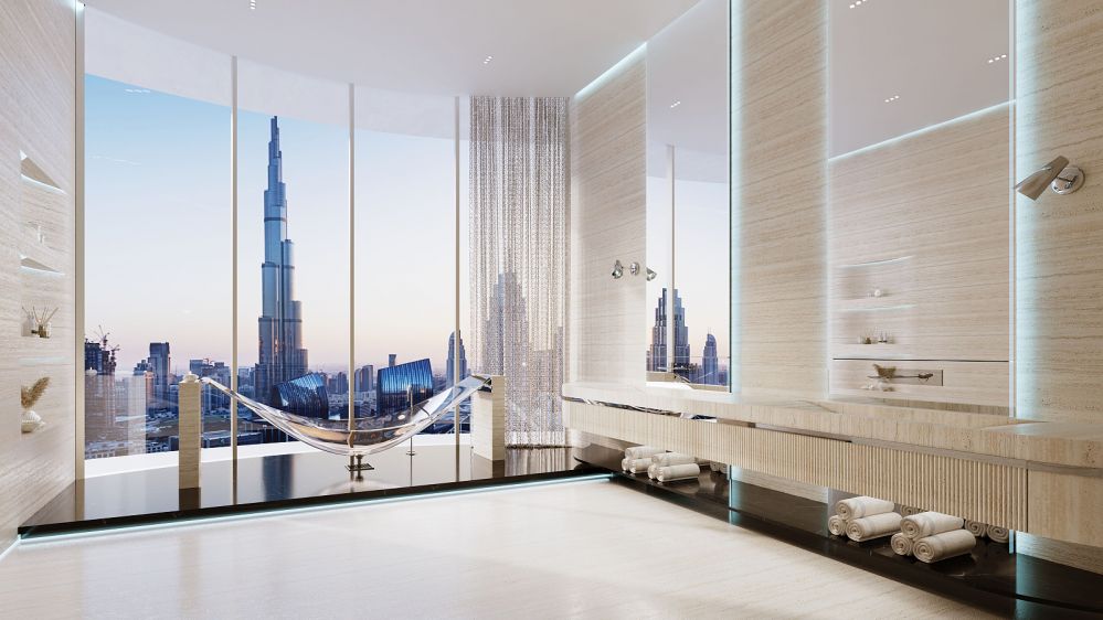 Mercedes-Benz Tower daire içi modern yaşam alanı ve Downtown Dubai manzarasını gösteren geniş cam cepheler.Downtown Dubai’de Burj Khalifa Manzaralı Mercedes-Benz Markalı Lüks Daireler