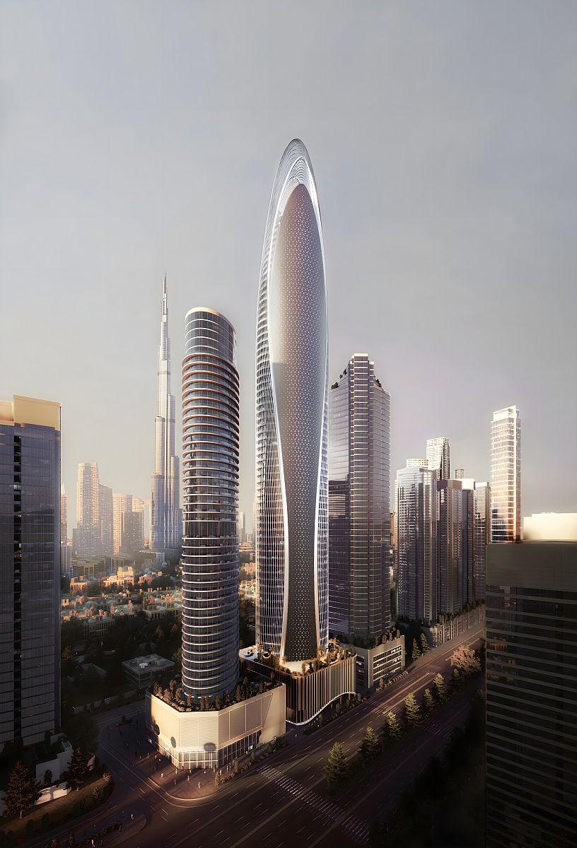 Mercedes-Benz Tower’ın ikonik kavisli formu ve lüks mimari dokusunu öne çıkaran yüksek çözünürlüklü cephe görseli.Downtown Dubai’de Burj Khalifa Manzaralı Mercedes-Benz Markalı Lüks Daireler