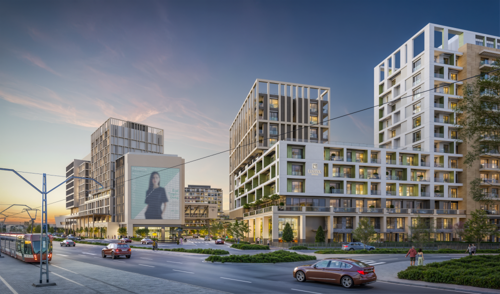 Street-facing facade of the modern residential blocks with urban integration.Luxury High-Ceiling Apartments in Antalya