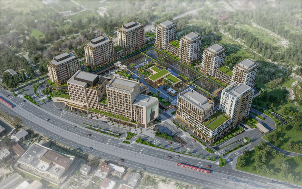 Aerial view of the project showcasing blocks, green areas and social facilities.Luxury High-Ceiling Apartments in Antalya