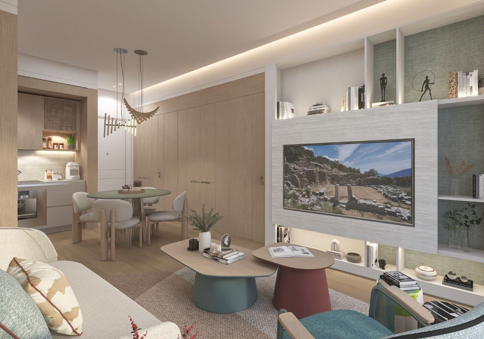 Bright open-plan living and kitchen space with contemporary interior concept.Luxury High-Ceiling Apartments in Antalya