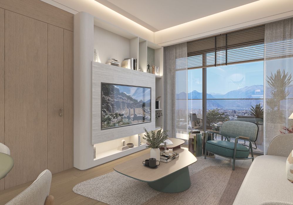 Bright living room with panoramic windows and elegant interior design.Luxury High-Ceiling Apartments in Antalya