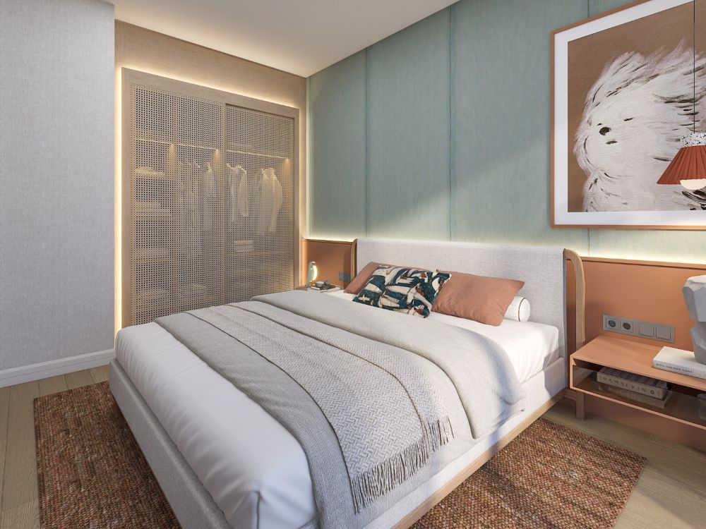 Cozy bedroom interior with modern decor and soft lighting.Luxury High-Ceiling Apartments in Antalya