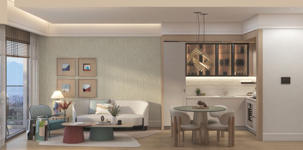 Modern open-plan living room and kitchen interior with stylish design.Luxury High-Ceiling Apartments in Antalya