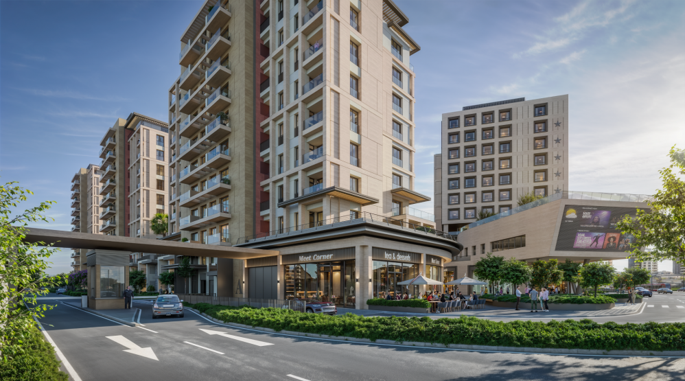 Street-facing exterior view of the residential block with wide balconies and modern design.Luxury High-Ceiling Apartments in Antalya