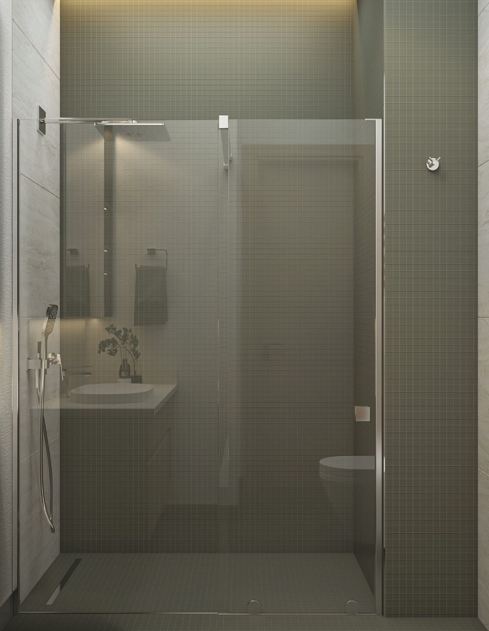 Luxury bathroom with glass shower cabin and contemporary ceramic finishes.Luxury High-Ceiling Apartments in Antalya