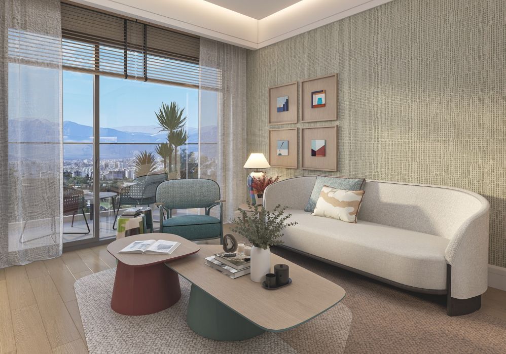 Просторная гостиная с большими окнами и современной интерьерной отделкой.Элитные квартиры с высокими потолками в Анталии