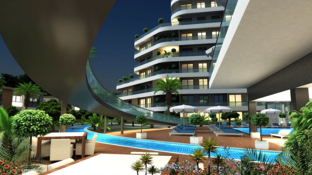 Antalya investment project – poolside social area and modern landscape designModern Living in Altintas, Antalya – Elegant Apartments and Villas with Social Facilities