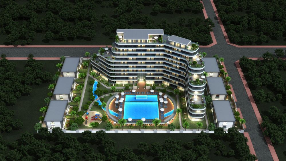 Altintas Antalya investment project – aerial view of modern residential complex with swimming poolModern Living in Altintas, Antalya – Elegant Apartments and Villas with Social Facilities