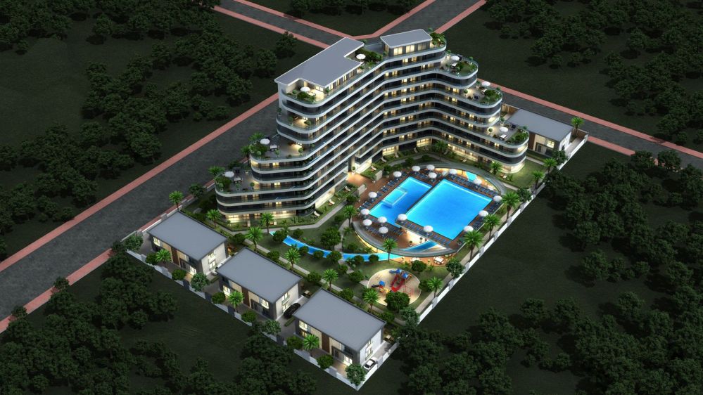 Altintas Antalya housing project – site plan with green areas and large swimming poolModern Living in Altintas, Antalya – Elegant Apartments and Villas with Social Facilities