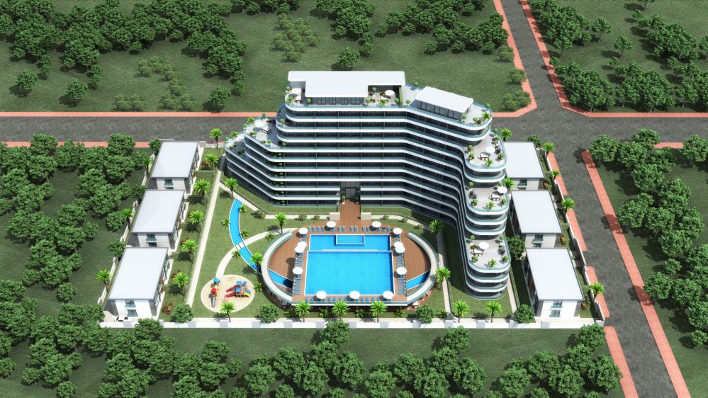Altintas residential project – open swimming pool and landscaped garden areaModern Living in Altintas, Antalya – Elegant Apartments and Villas with Social Facilities