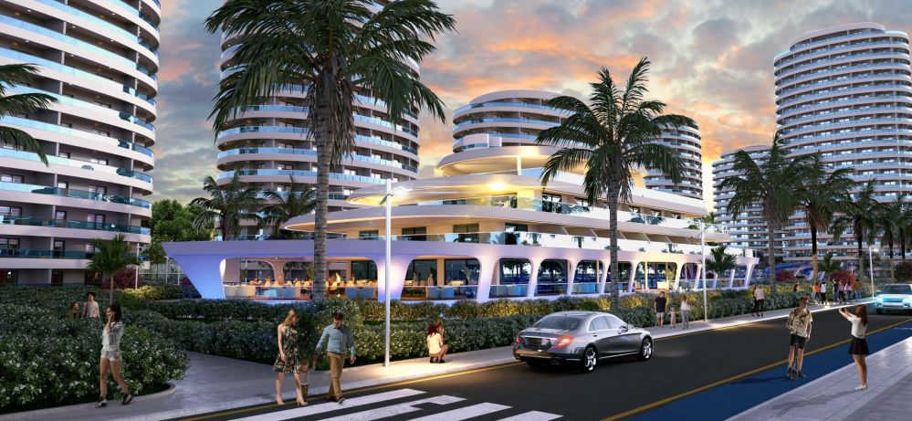 Night view of the illuminated social and commercial areas.Ultra Luxury Residential Project 600 m from the Sea in Cyprus