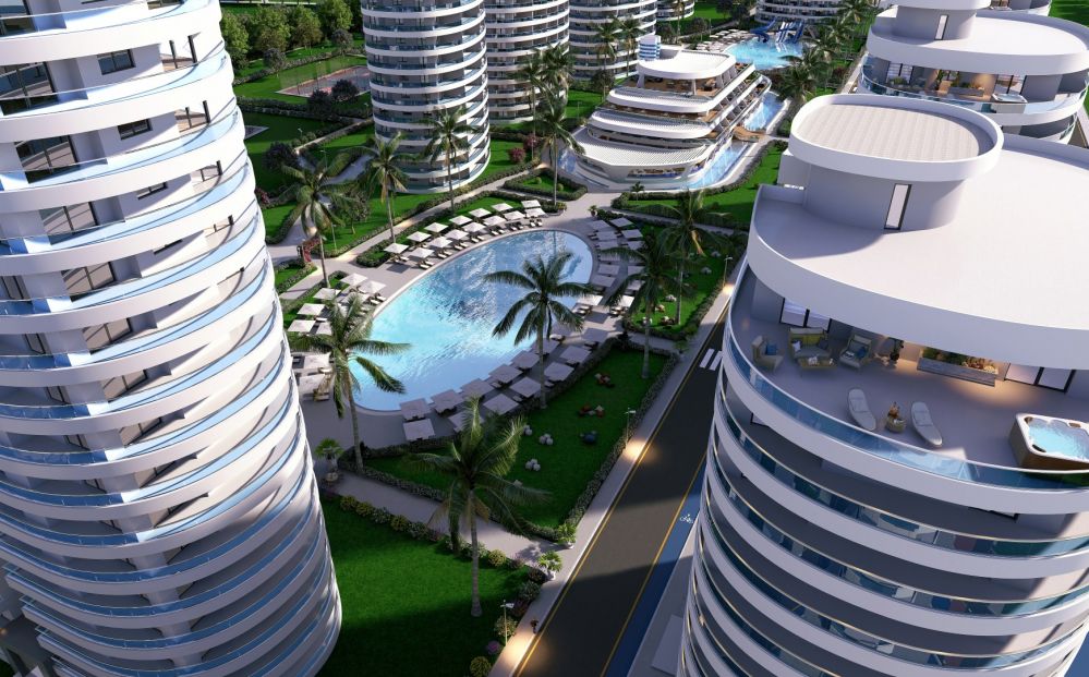 Palm-lined gardens between luxury residential blocks.Ultra Luxury Residential Project 600 m from the Sea in Cyprus
