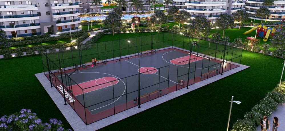 Spor sahaları ve peyzaj düzenlemeleriyle aktif yaşam alanı.Kıbrıs’ta Denize 600 mt Mesafede Ultra Lüks Konut Projesi