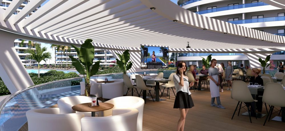 Elegant indoor restaurant with modern interior design.Ultra Luxury Residential Project 600 m from the Sea in Cyprus