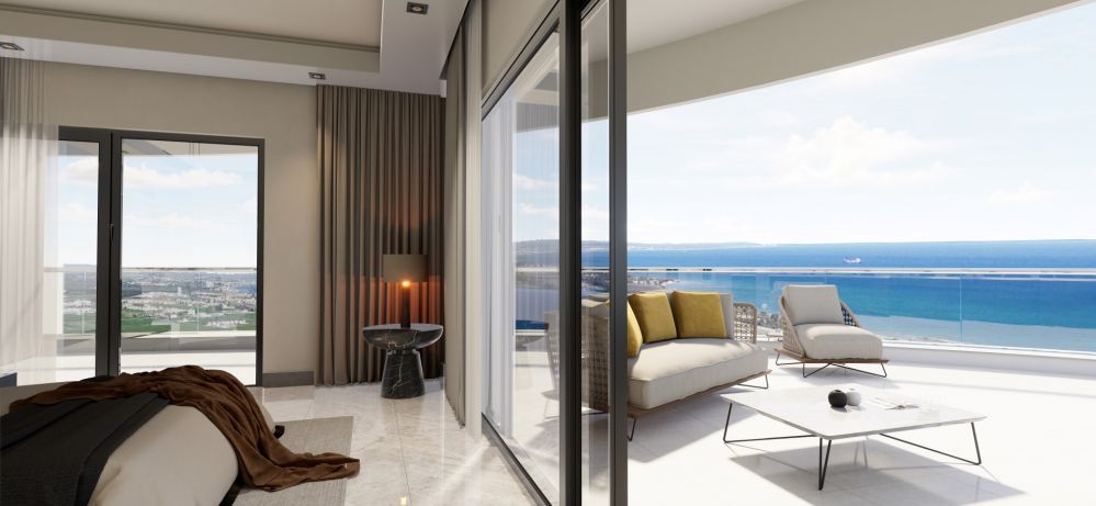 Panoramic sea view from the interior of a luxury apartment.Ultra Luxury Residential Project 600 m from the Sea in Cyprus