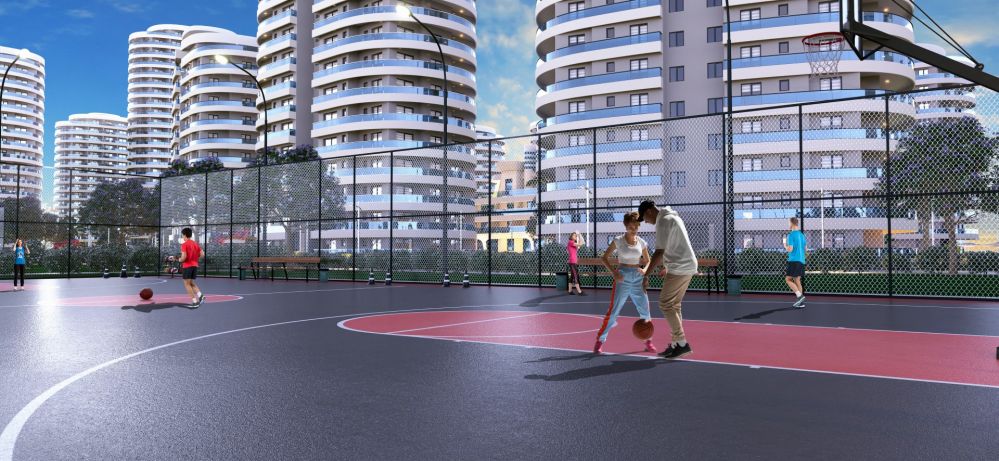 Outdoor sports courts integrated with landscaped recreational zones.Ultra Luxury Residential Project 600 m from the Sea in Cyprus
