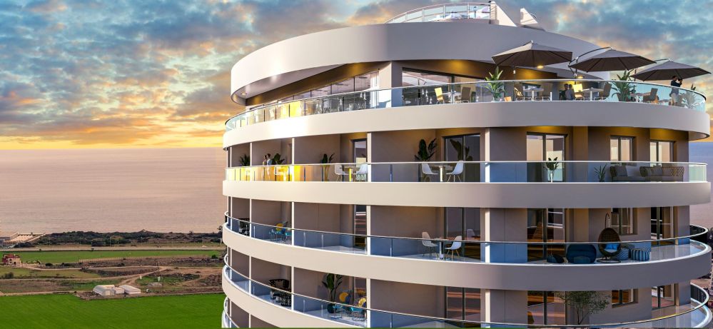 Evening view of the sea-facing apartment buildings.Ultra Luxury Residential Project 600 m from the Sea in Cyprus