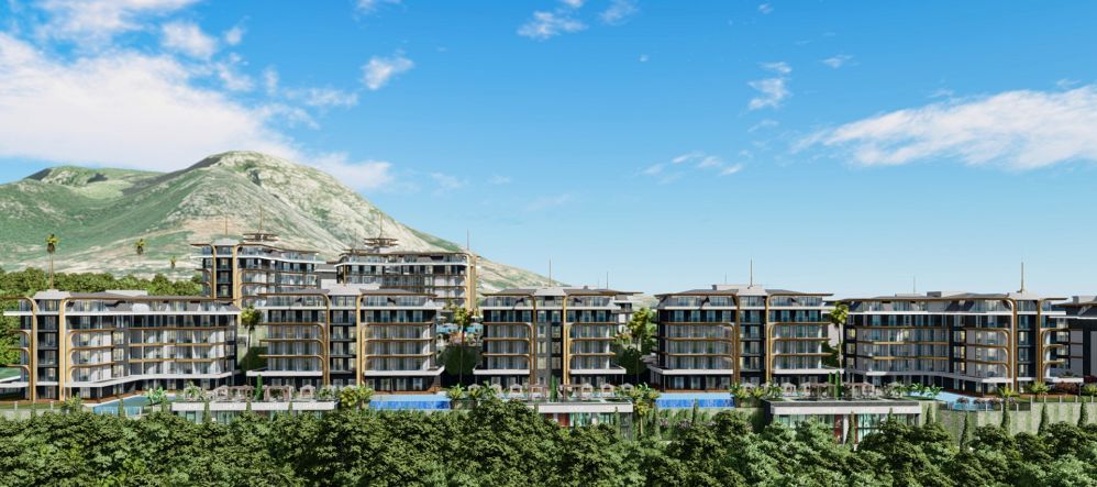 Modern facade design of residential buildings reflecting contemporary architecture.Kestel, Alanya – New Lifestyle: 700 m to the Sea Luxury Residence Project
