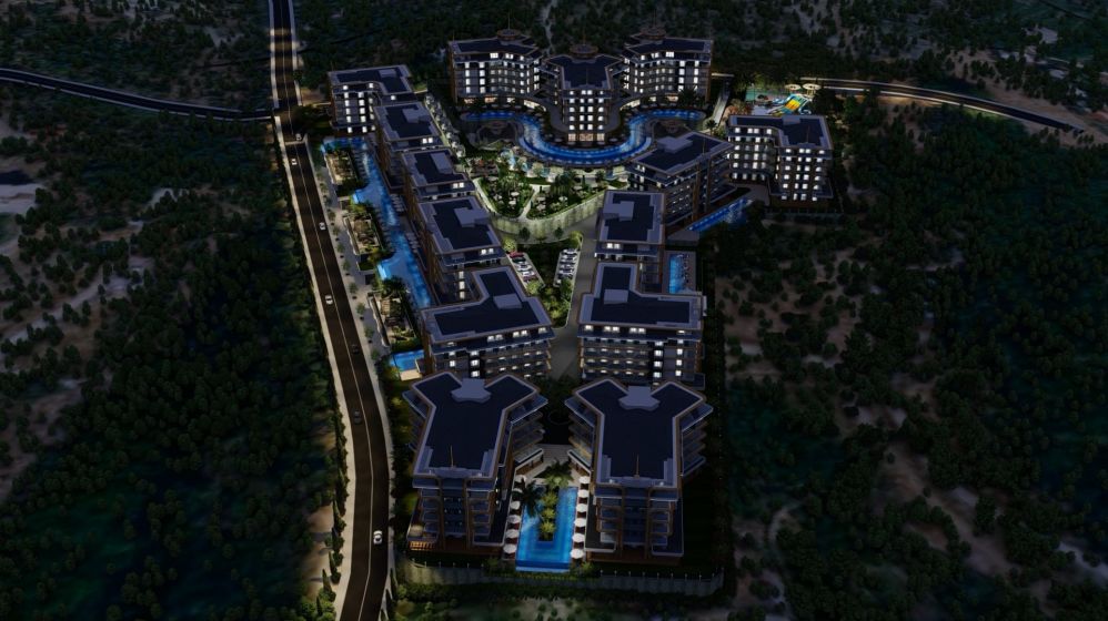 Night view of the complex with beautiful lighting and modern ambiance.Kestel, Alanya – New Lifestyle: 700 m to the Sea Luxury Residence Project