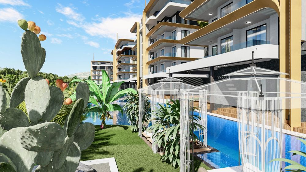 Combination of elegant landscaping and pedestrian paths for comfort and aesthetics.Kestel, Alanya – New Lifestyle: 700 m to the Sea Luxury Residence Project