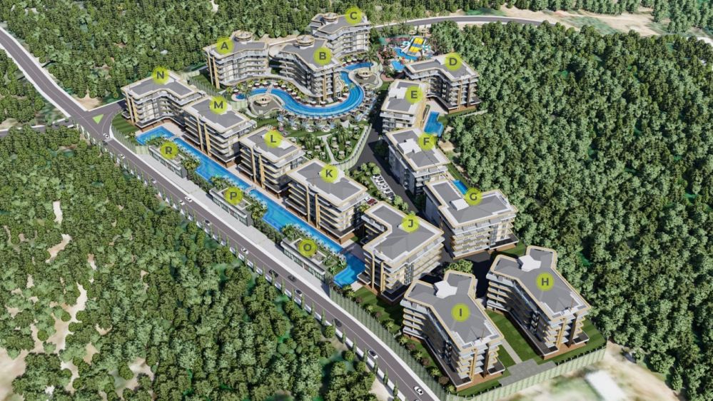 Aerial view of a luxury residential project near the sea in Kestel, Alanya.Kestel, Alanya – New Lifestyle: 700 m to the Sea Luxury Residence Project