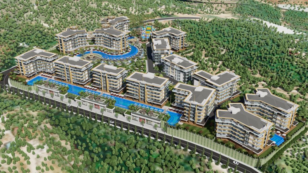 Aerial view of a luxury residential project near the sea in Kestel, Alanya.Kestel, Alanya – New Lifestyle: 700 m to the Sea Luxury Residence Project