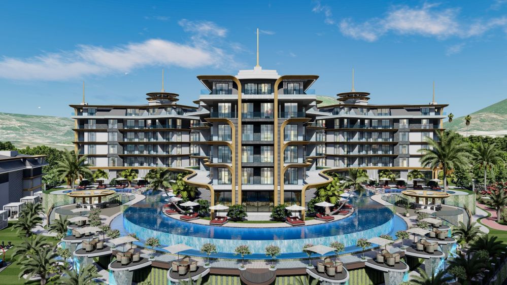 Balcony view from luxury apartments overlooking the pool and mountains.Kestel, Alanya – New Lifestyle: 700 m to the Sea Luxury Residence Project