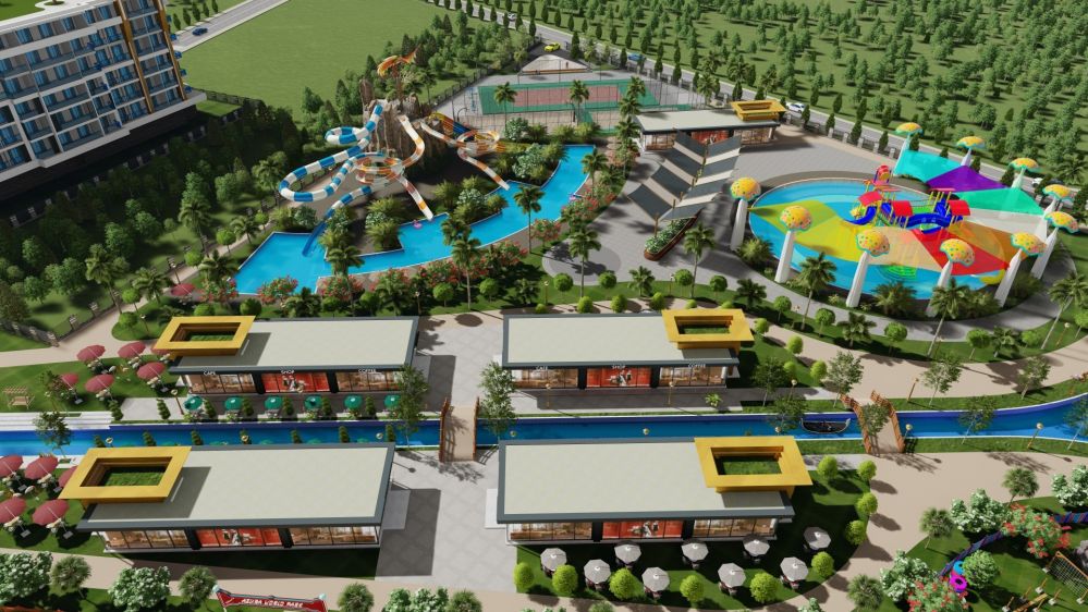 Ландшафтные сады, зоны активного отдыха и открытые зелёные пространства.Роскошный жилой комплекс у моря в районе Тюрклер, Аланья