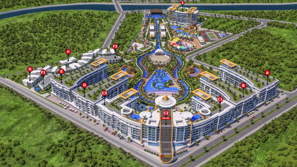 Аэровид на всю территорию застройки и её планировку.Роскошный жилой комплекс у моря в районе Тюрклер, Аланья