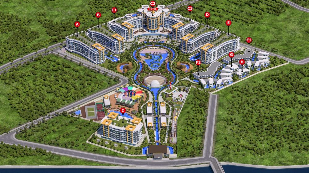 Главная зона бассейна, расположенная в сердце комплекса.Роскошный жилой комплекс у моря в районе Тюрклер, Аланья