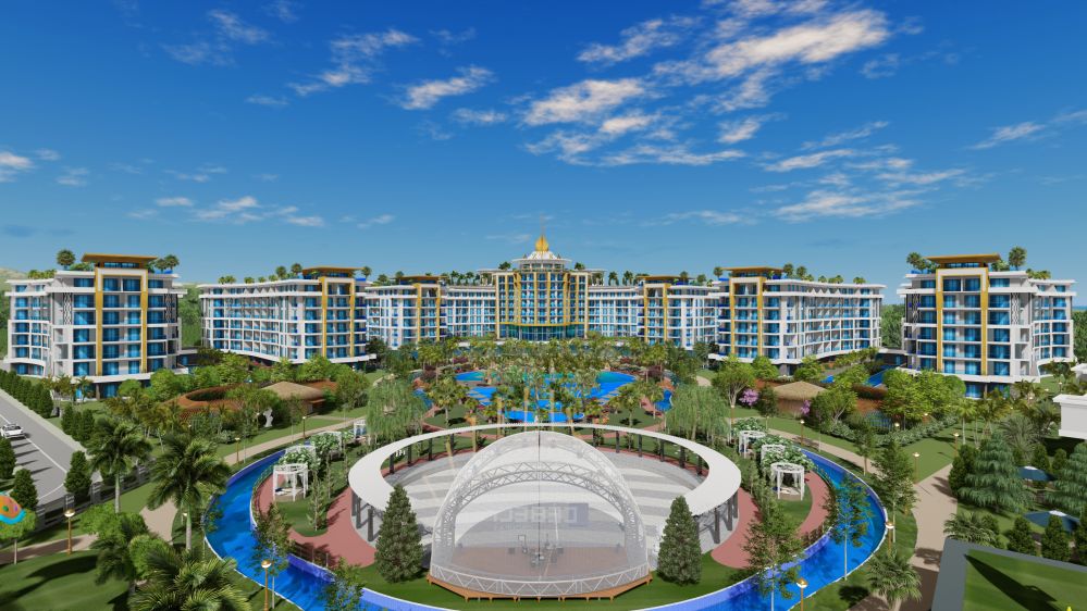 Общий вид роскошного жилого комплекса у моря в Тюрклере, Аланья.Роскошный жилой комплекс у моря в районе Тюрклер, Аланья