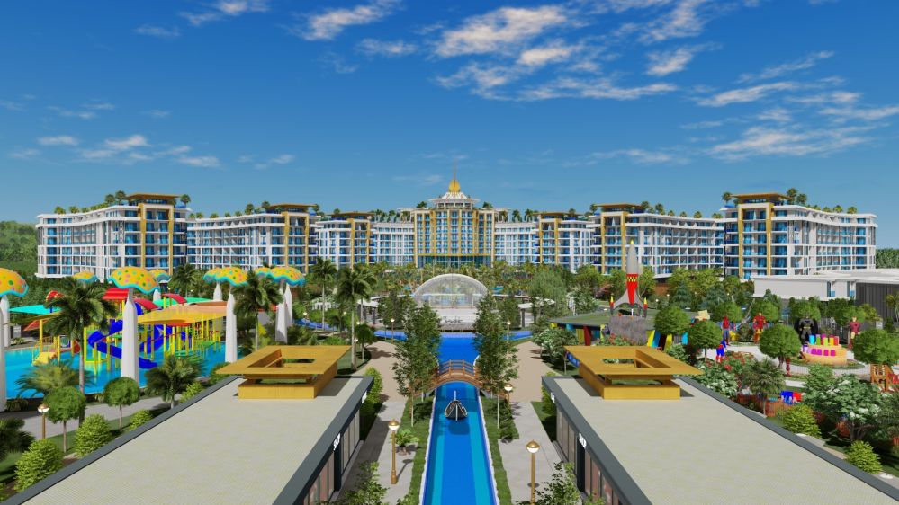 Впечатляющий вид на благоустроенную территорию проекта и окрестности.Роскошный жилой комплекс у моря в районе Тюрклер, Аланья