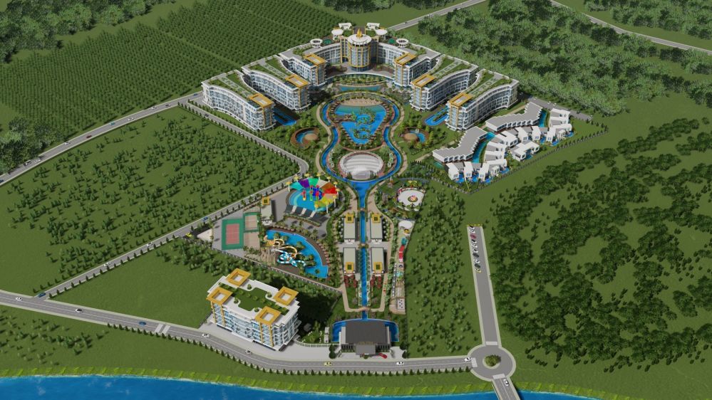 Вид генерального плана с зелёными зонами и большими открытыми пространствами.Роскошный жилой комплекс у моря в районе Тюрклер, Аланья