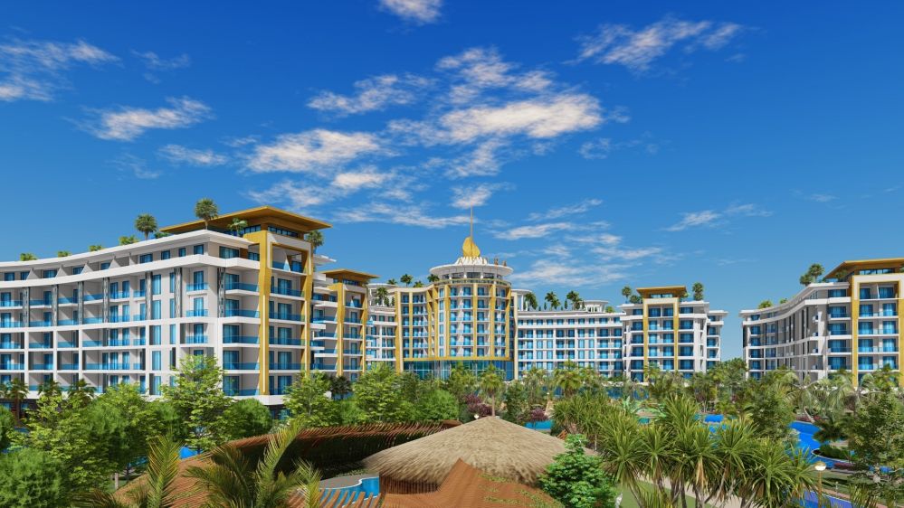 Панорамный вид на море и горы с больших балконов апартаментов.Роскошный жилой комплекс у моря в районе Тюрклер, Аланья