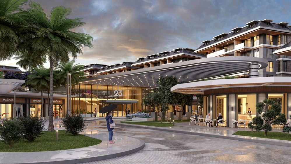 Главный вход в проект с открытыми зонами отдыха и престижной атмосферой.Элитные квартиры на продажу в районе Оба, Алания — Новый инвестиционный проект