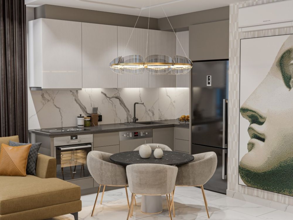 Bright and stylish apartment plan combining an open kitchen and living area.Modern Apartments within Walking Distance to Kleopatra Beach