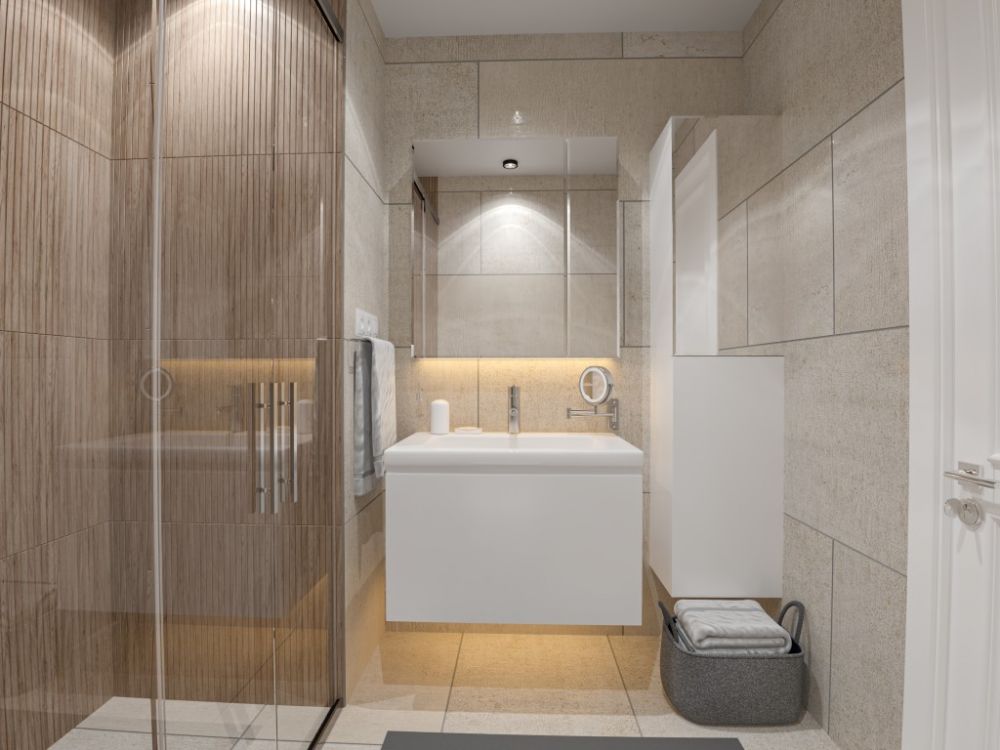 Kaliteli seramiklerle kaplanmış modern banyo ve duş alanı.Kleopatra Plajı’na Yürüme Mesafesinde Modern Konut Projesi
