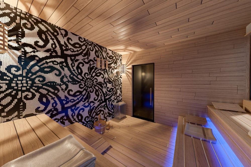 Sauna room with natural wood details, promoting health and well-being within the complex.Modern Apartments within Walking Distance to Kleopatra Beach